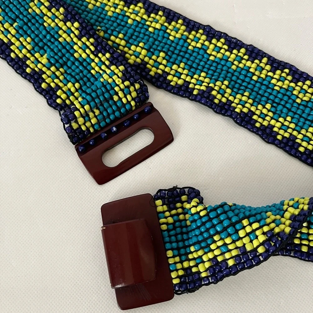 Stretchy Wide Blue Yellow /Green Beaded Wood Buckle Belt